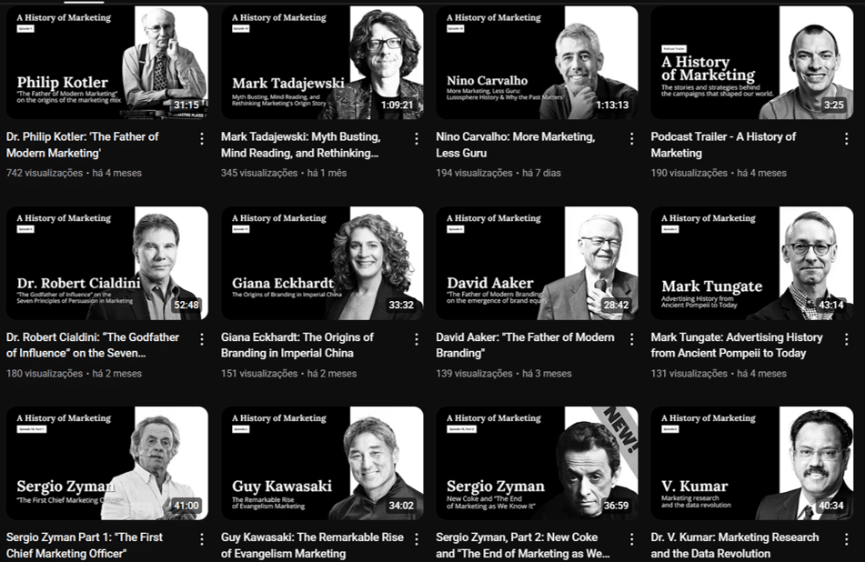 Podcast "História do Marketing", com Andre Mitrak e convidados como Philip Kotler, Mark Tadajewski, Robert Cialdini, Sergio Zyman, Nino Carvalho, David Aaker
