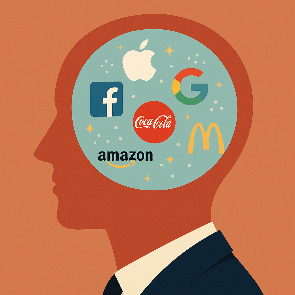 Território simbólico do Branding Digital representado por uma mente aberta e marcas memoráveis. - Nino Carvalho